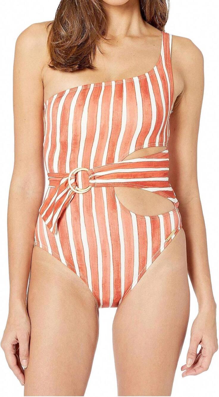 NEW VINCE CAMUTO hammock stripe printed one shoulder wrap one piece swimsuit in